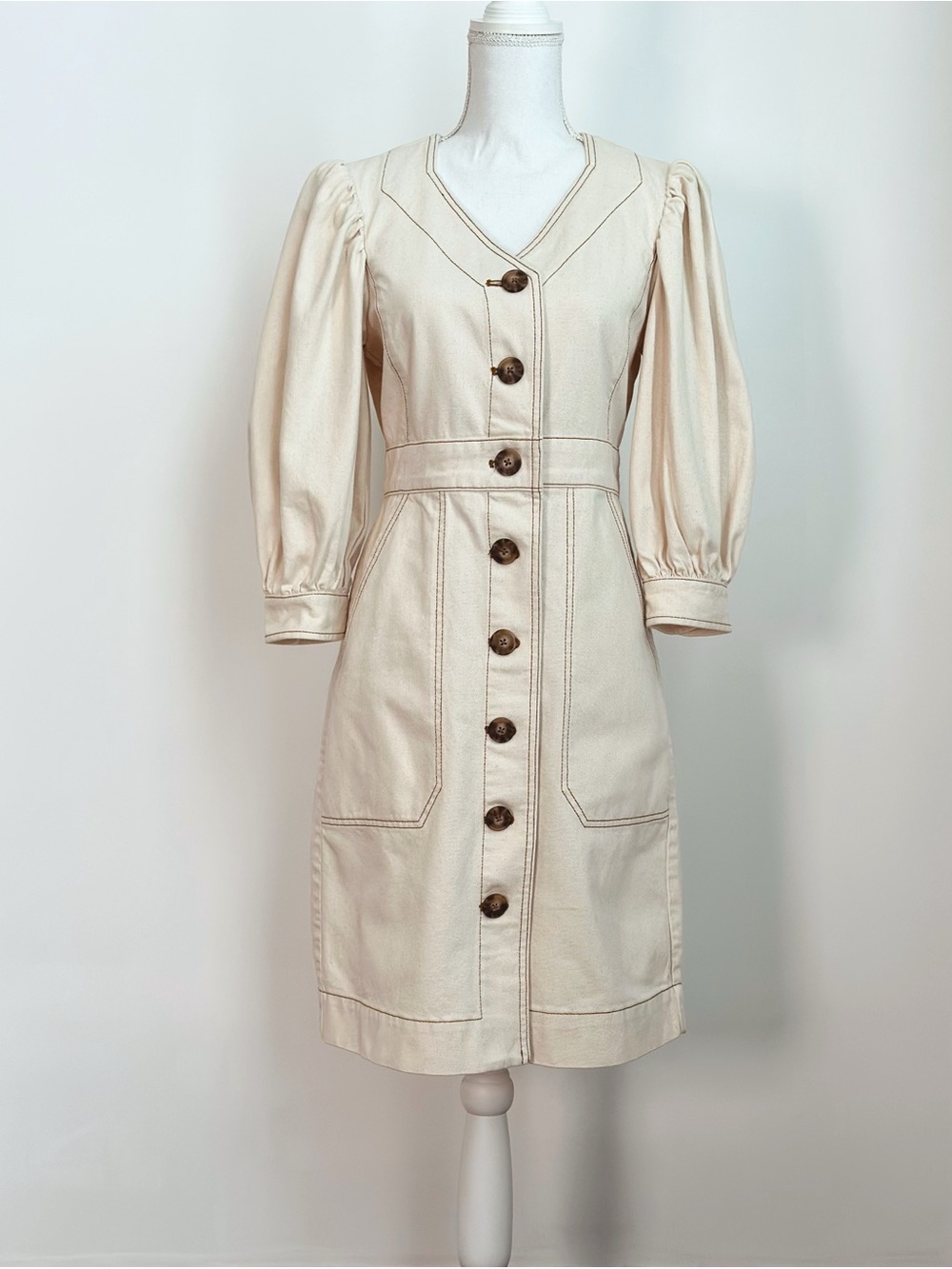 Tory Burch Cream Button-Front Puff-Sleeve Dress Size4 Excellent condition